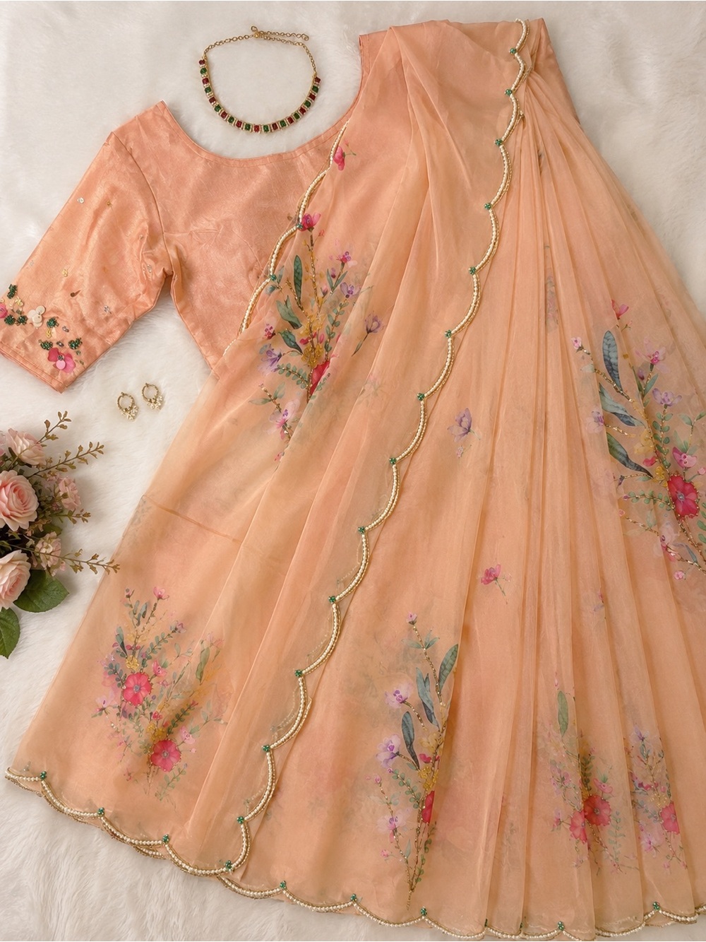Brand new,peach Tabby silk saree with stitched blouse